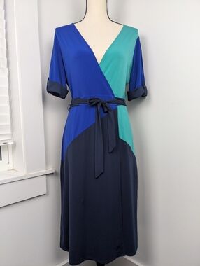 BCBG Maxazria Caitlin Wrap Dress, Deep V-Neck, Turquoise Blue Navy, Sz L